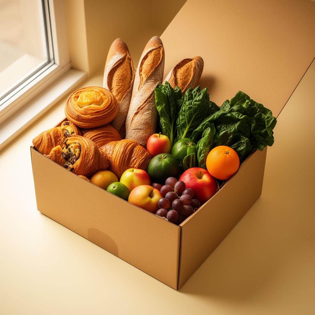 A surprise Juti box filled with fresh bread, pastries, fruit and greens
